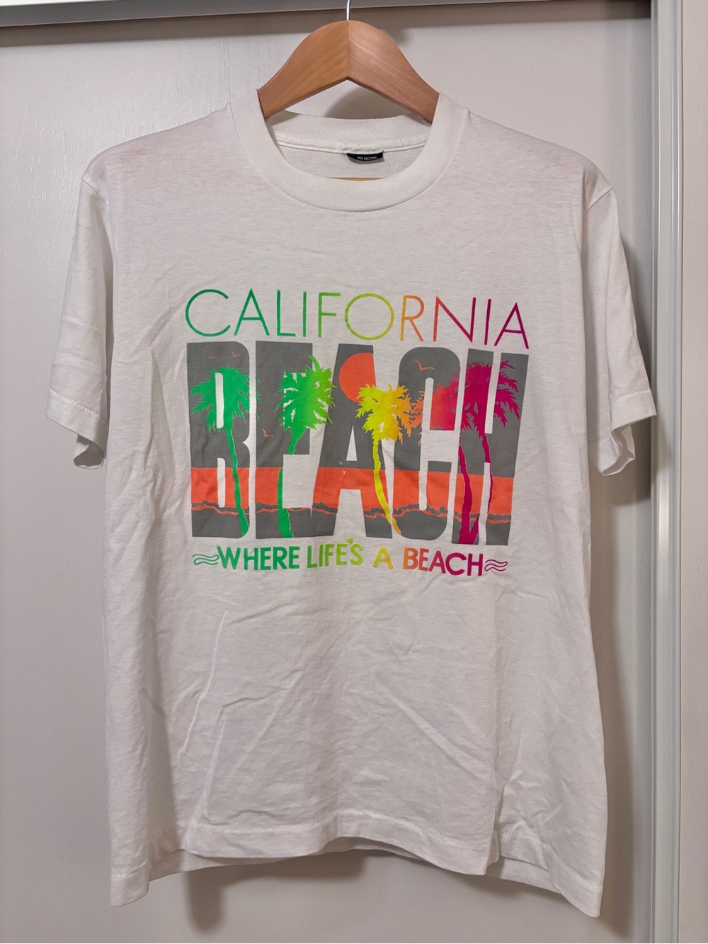 Vintage White Graphic Tee Size L California Where Life’s A Beach Puff Paint 80s